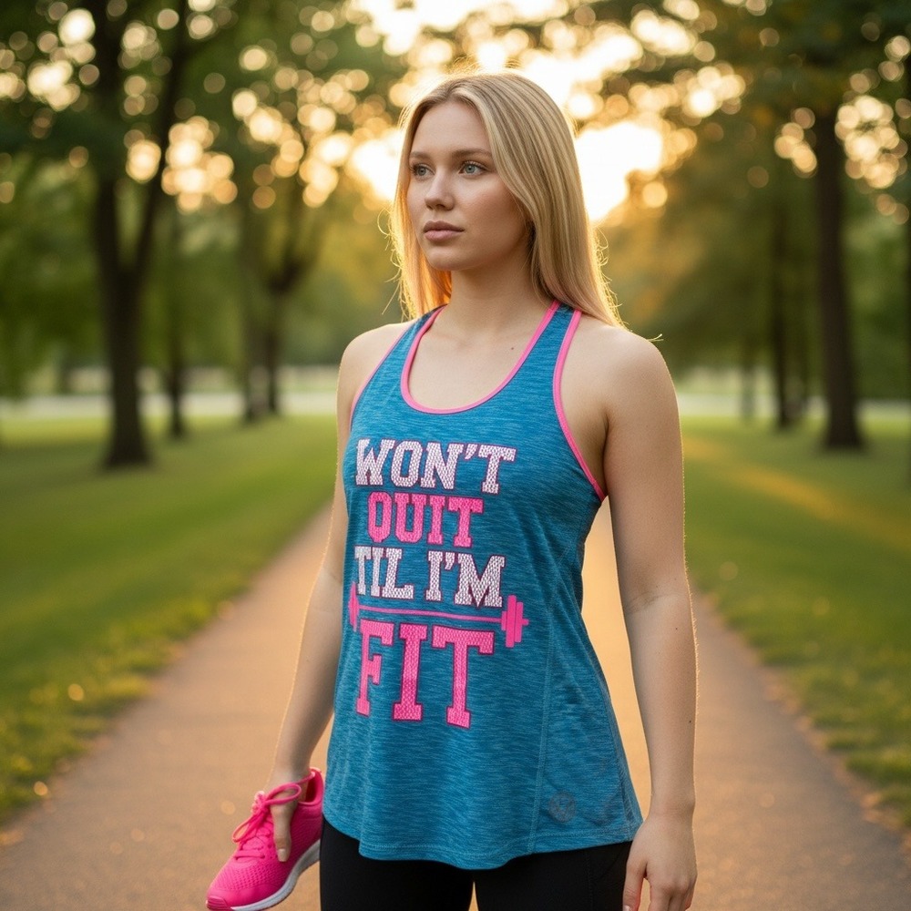 EVCR Women's Small Racerback Tank Teal Pink Workout‎ Graphic Gym Top
